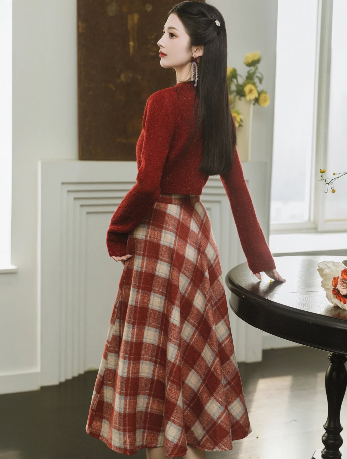 Red Sweater With Matching Plaid Skirt — Trendy Red Sweater Outfit