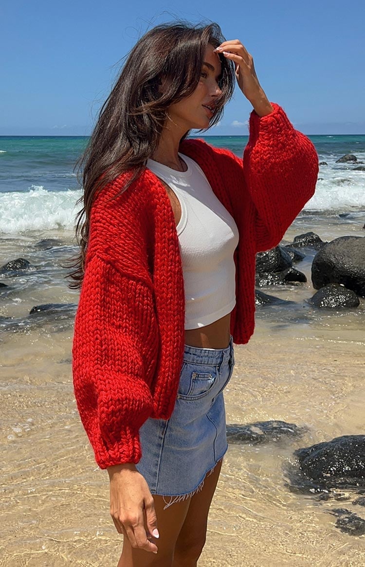 Oversized Red Cardigan Over White Tank With Denim Skirt — Trendy Red Sweater Outfit