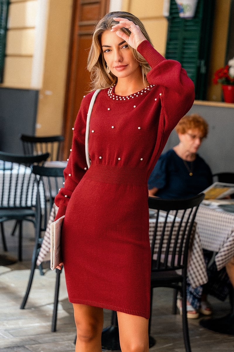 Fitted Red Sweater Dress With Pearl Neckline Embellishments — Trendy Red Sweater Outfit