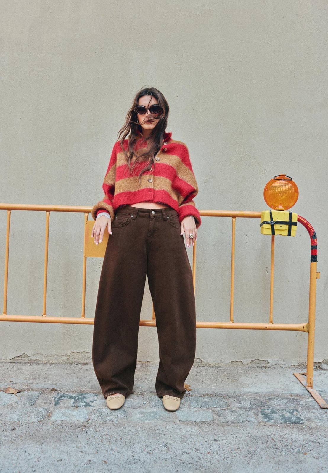 Striped Red Cardigan With Brown Wide-Leg Trousers — Trendy Red Sweater Outfit