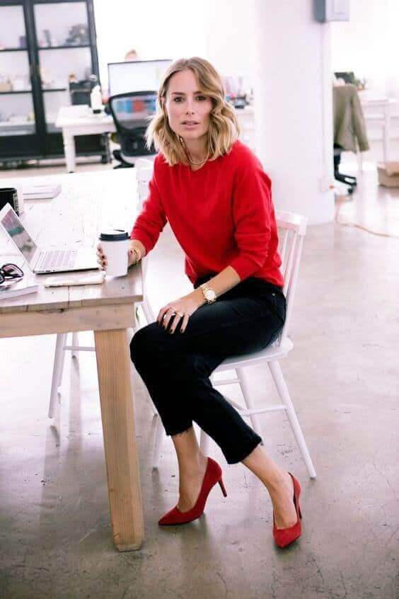 Fitted Red Sweater With Cropped Trousers and Red Heels — Trendy Red Sweater Outfit