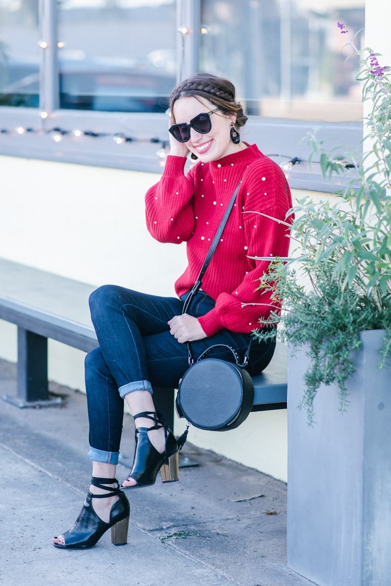 Relaxed Red Sweater With Pearls and Black Crossbody Bag — Trendy Red Sweater Outfit