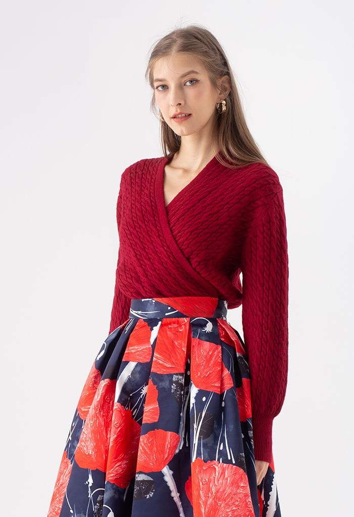 Red Cable Knit Wrap Sweater With Floral Print Skirt — Trendy Red Sweater Outfit