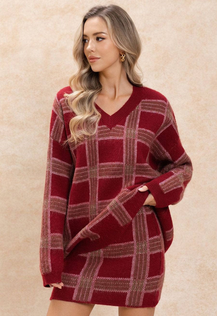 Red Plaid Oversized Sweater With Matching Mini Skirt — Trendy Red Sweater Outfit