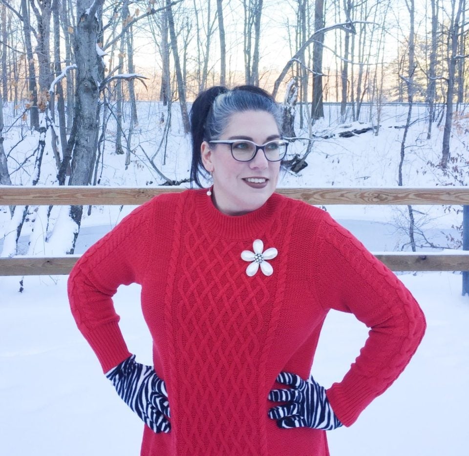 Red Chunky Cable Knit Sweater With Zebra Gloves — Trendy Red Sweater Outfit