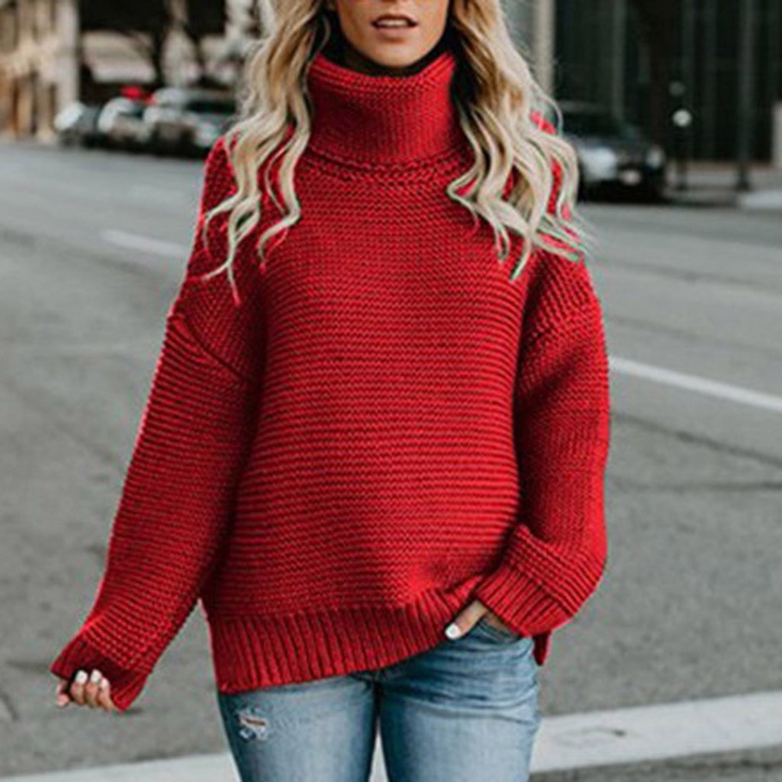 Oversized Red Chunky Knit Turtleneck Sweater — Trendy Red Sweater Outfit