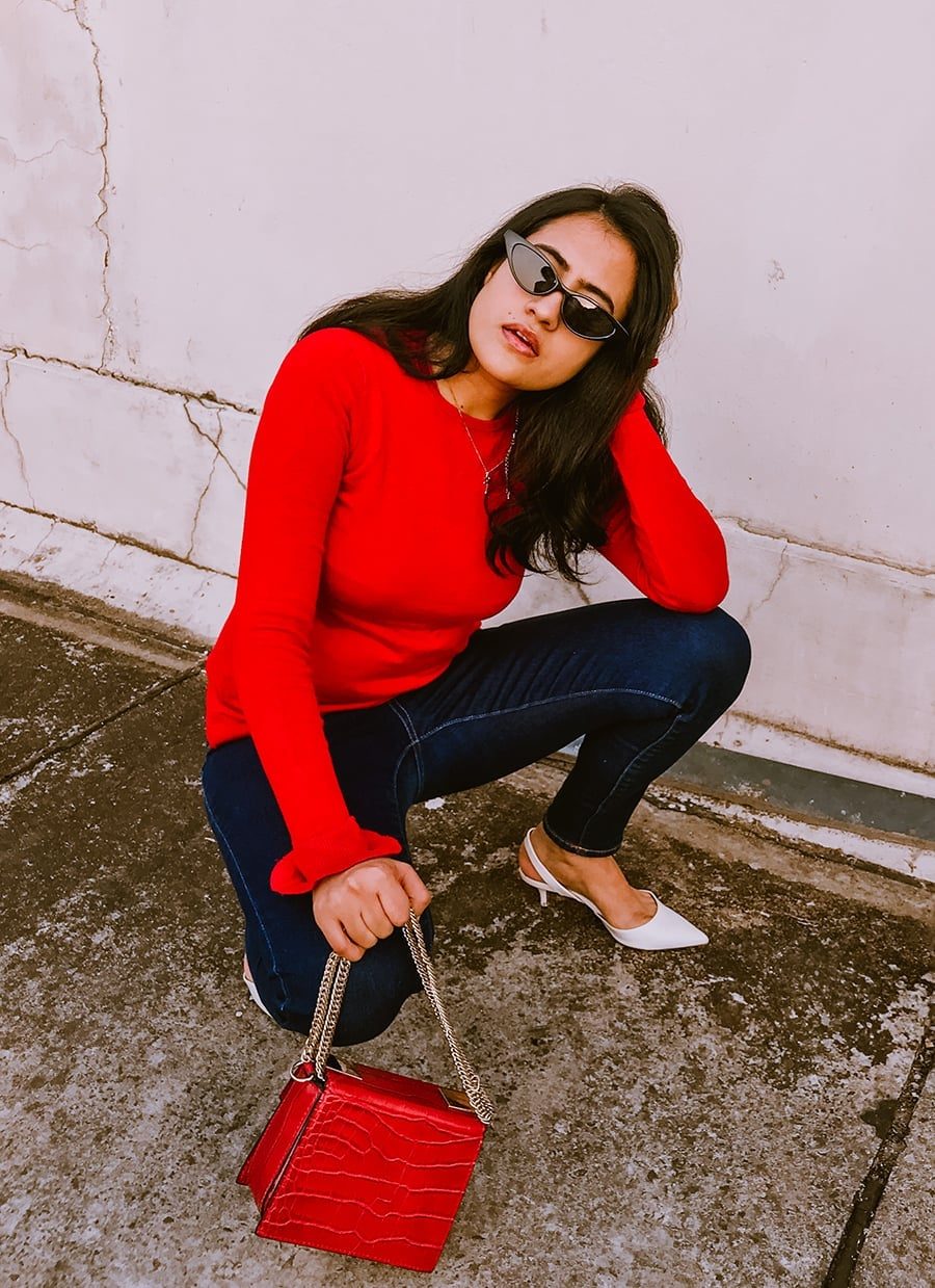 Fitted Red Sweater With Statement Sleeves and White Slingbacks — Trendy Red Sweater Outfit