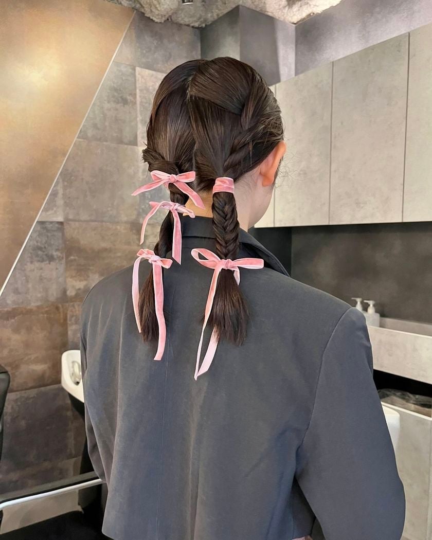 Dark Brown Braids With Pink Velvet Bows, Straight Dark Brown Braids With Pink Velvet Bows, Straight — Trendy Ribbon Braids
