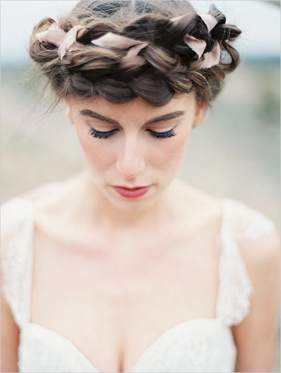 Dark Brown Collarbone Braid Crown With Pink Ribbons Dark Brown Collarbone Braid Crown With Pink Ribbons — Trendy Ribbon Braids