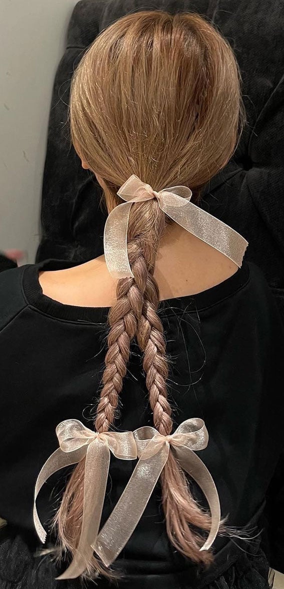 Brown Mid-Back Braids With Sheer Pink Bows Brown Mid-Back Braids With Sheer Pink Bows — Trendy Ribbon Braids