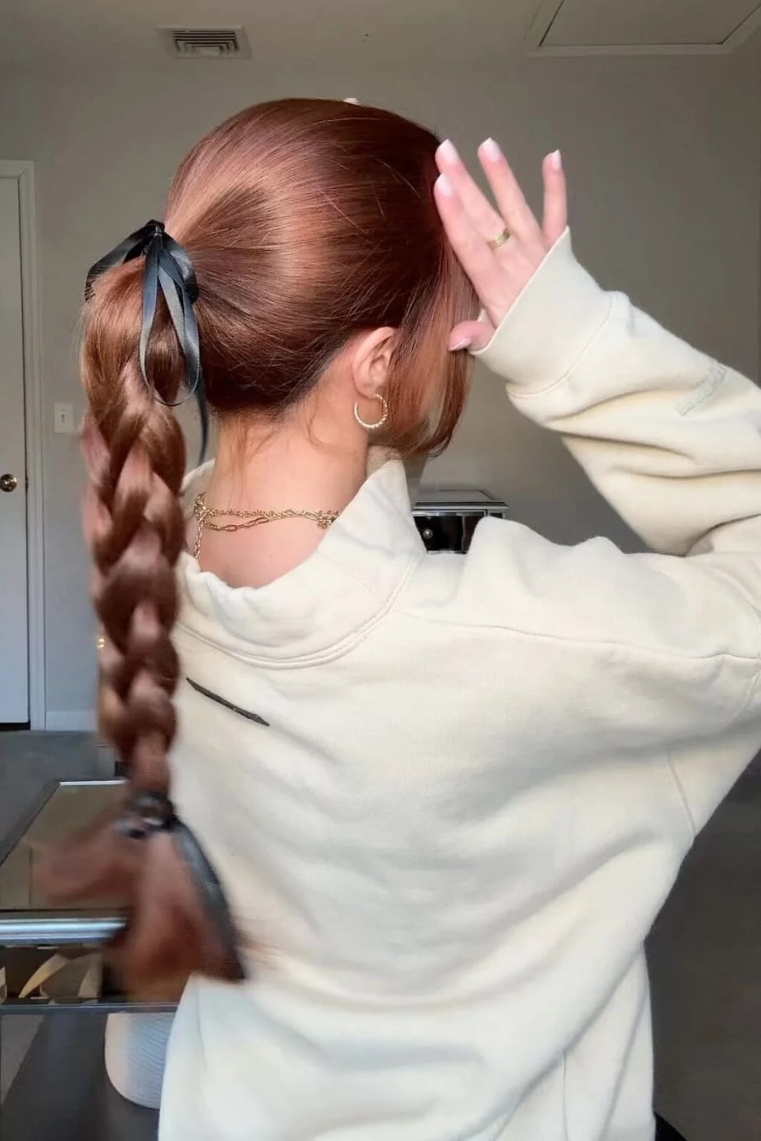 High Ponytail Braid With Copper Pink Ribbon High Ponytail Braid With Copper Pink Ribbon — Trendy Ribbon Braids