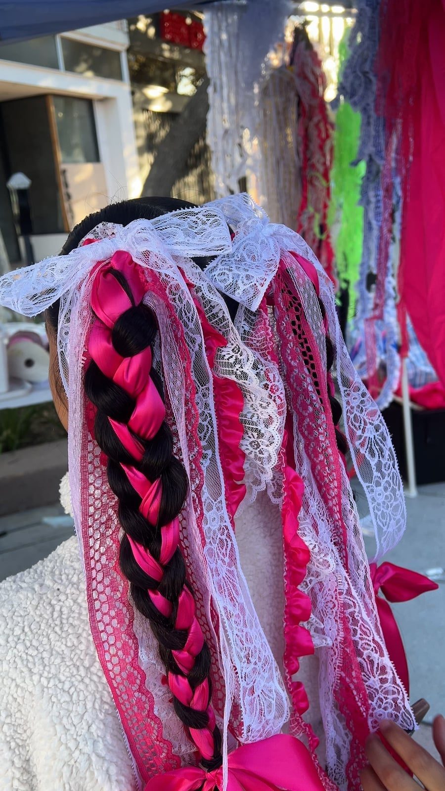 Dark Brown Twin Braids With Pink Ribbons Dark Brown Twin Braids With Pink Ribbons — Trendy Ribbon Braids