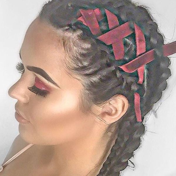 Dark Brown Braids With Bright Red Ribbon Dark Brown Braids With Bright Red Ribbon — Trendy Ribbon Braids