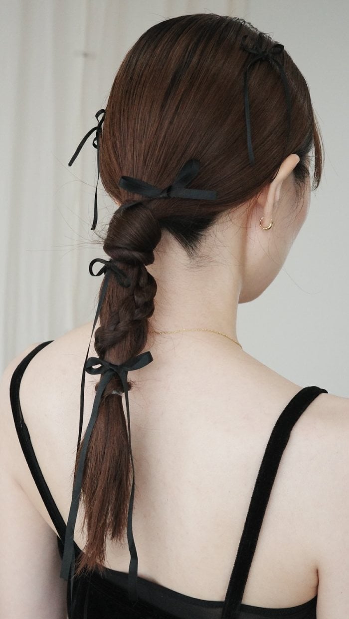 Dark Brown Braid With Black Ribbon Bows Dark Brown Braid With Black Ribbon Bows — Trendy Ribbon Braids
