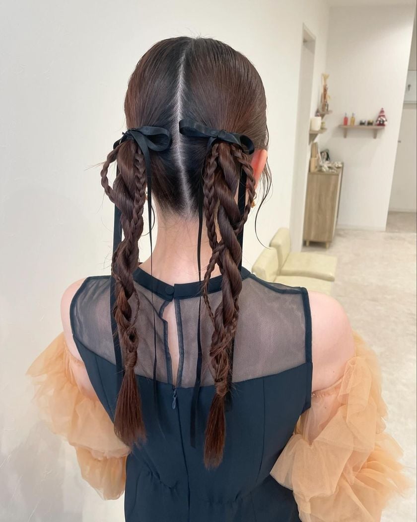 Dark Brown Twin Braids With Black Bows, Mid-Back Dark Brown Twin Braids With Black Bows, Mid-Back — Trendy Ribbon Braids