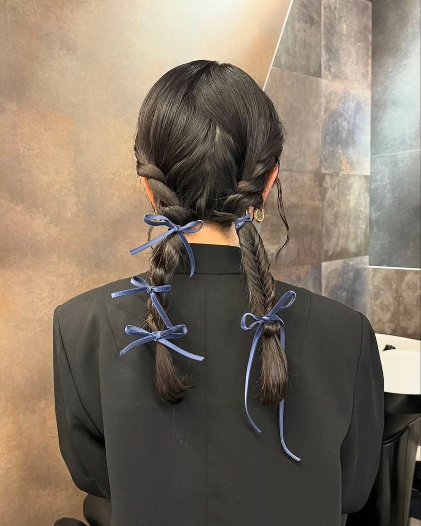 Dark Brown Braids With Dark Blue Velvet Bows Dark Brown Braids With Dark Blue Velvet Bows — Trendy Ribbon Braids