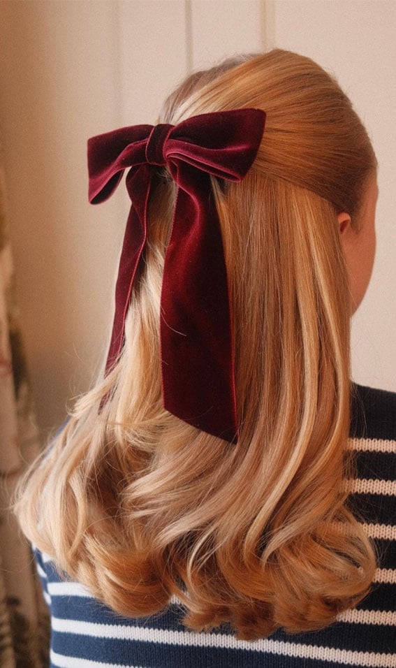 Mid-Back Blonde Half-Up With Red Bow — Trendy Ribbon Hair