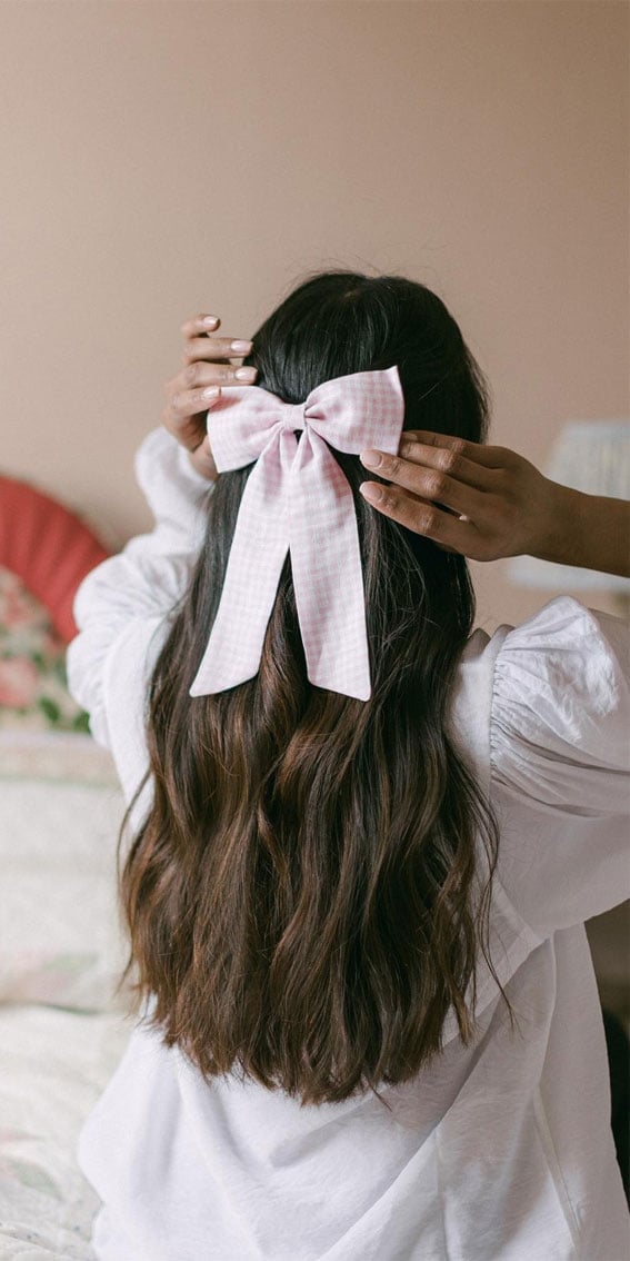 Mid-Back Dark Brown Half-Up With Gingham Bow — Trendy Ribbon Hair