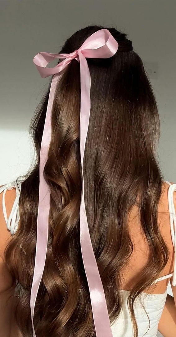 Thick Dark Brown Half-Up With Pink Ribbon — Trendy Ribbon Hair