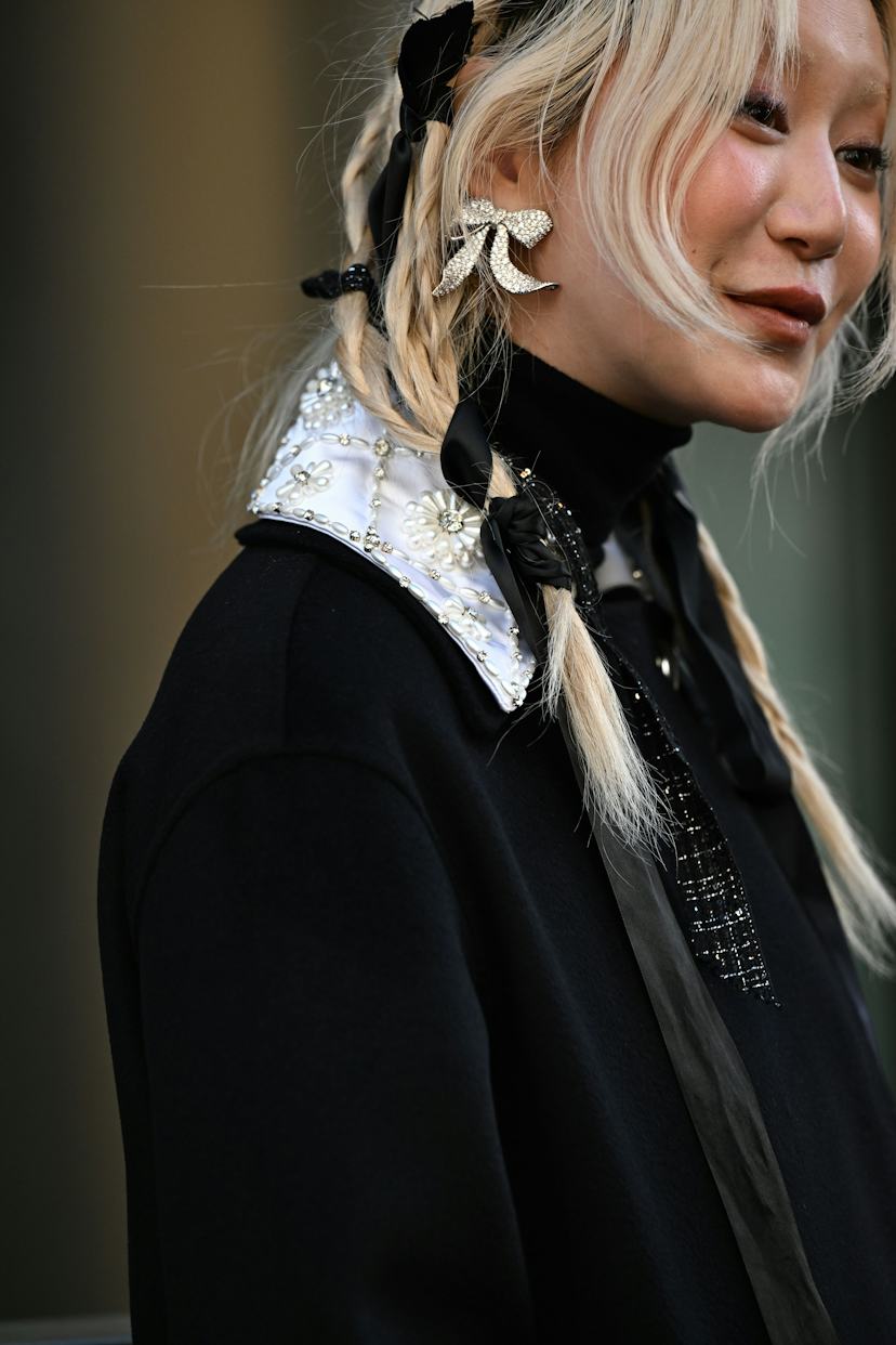 Shoulder Length Platinum Braids With Velvet Ribbons — Trendy Ribbon Hair