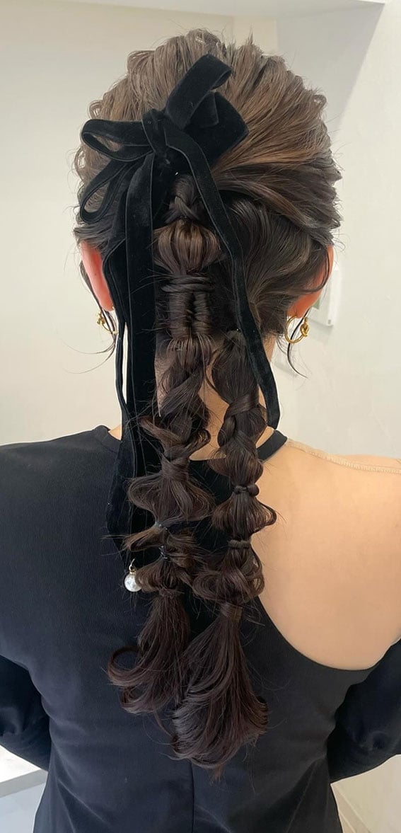 Mid-Back Dark Brown Braids With Black Ribbon — Trendy Ribbon Hair