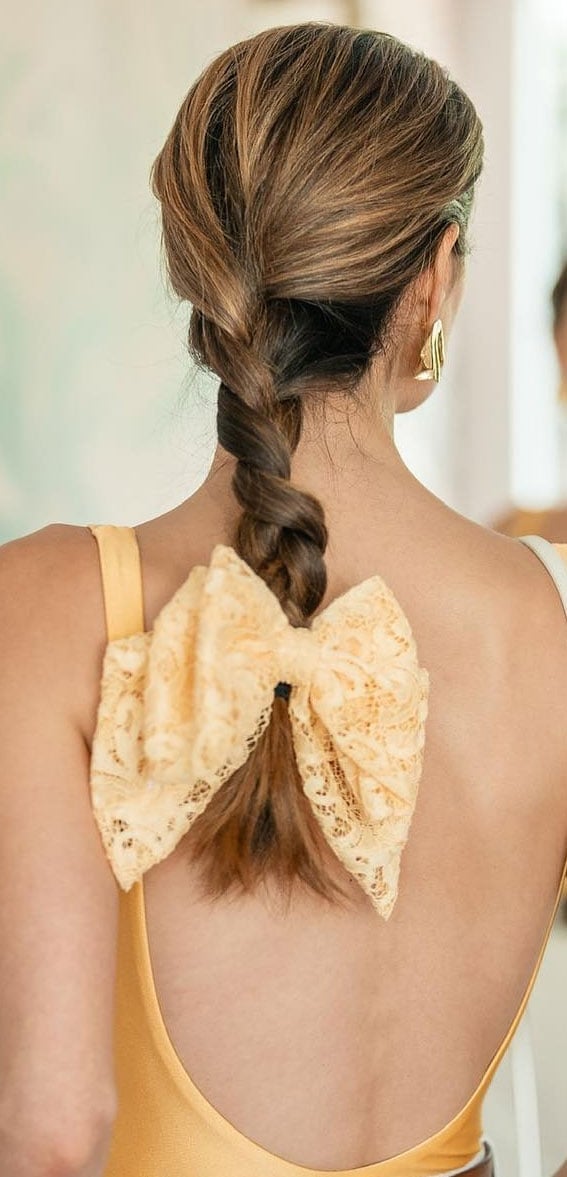 Mid-Back Brown French Braid With Yellow Bow — Trendy Ribbon Hair