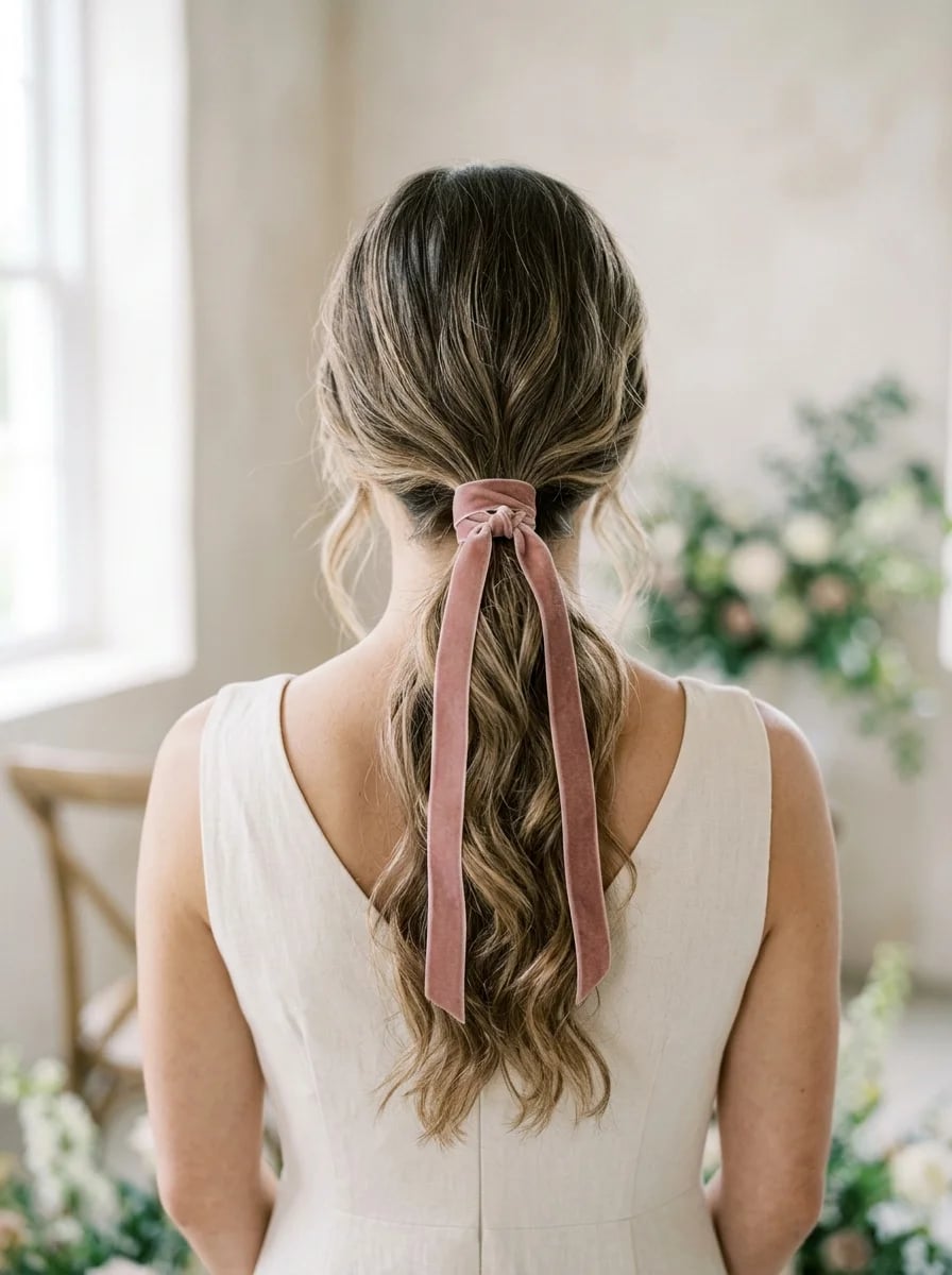 Shoulder Length Blonde Ponytail With Pink Ribbon — Trendy Ribbon Hair