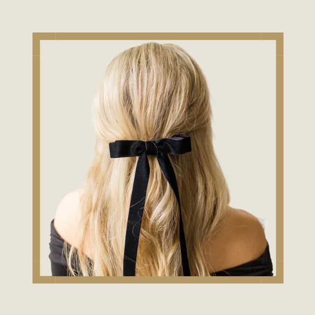 Mid-Back Ash Blonde Half-Up With Black Bow, Wavy — Trendy Ribbon Hair