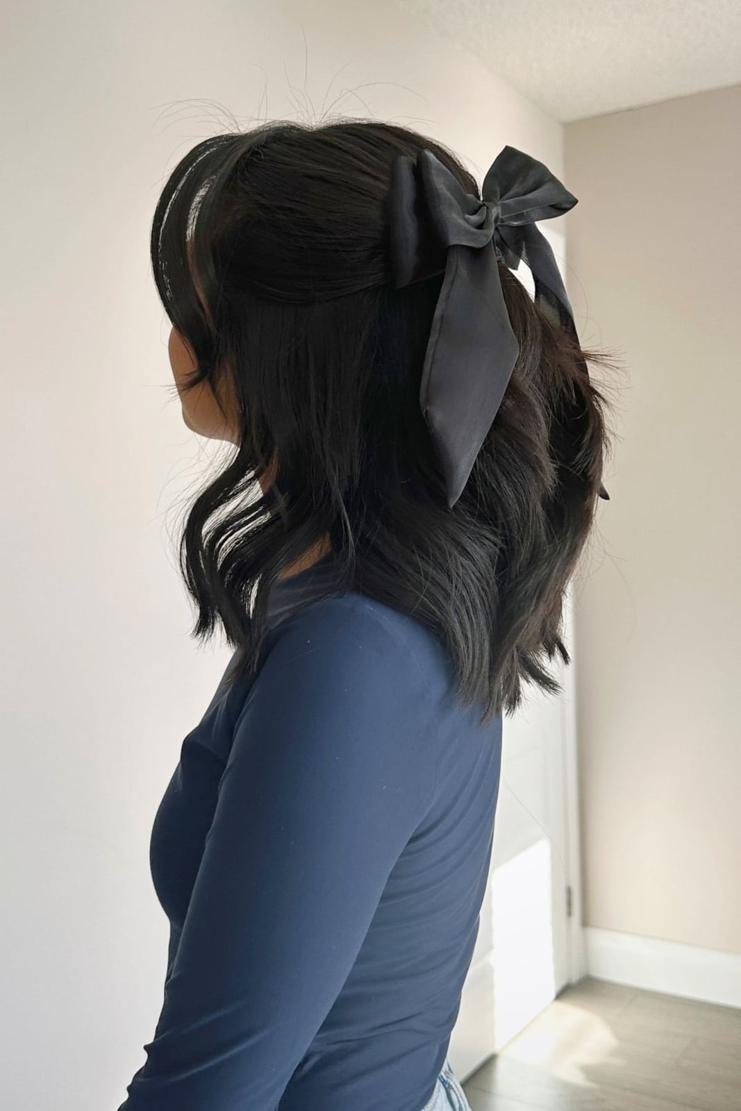 Collarbone Dark Brown Half-Up With Black Bow — Trendy Ribbon Hair