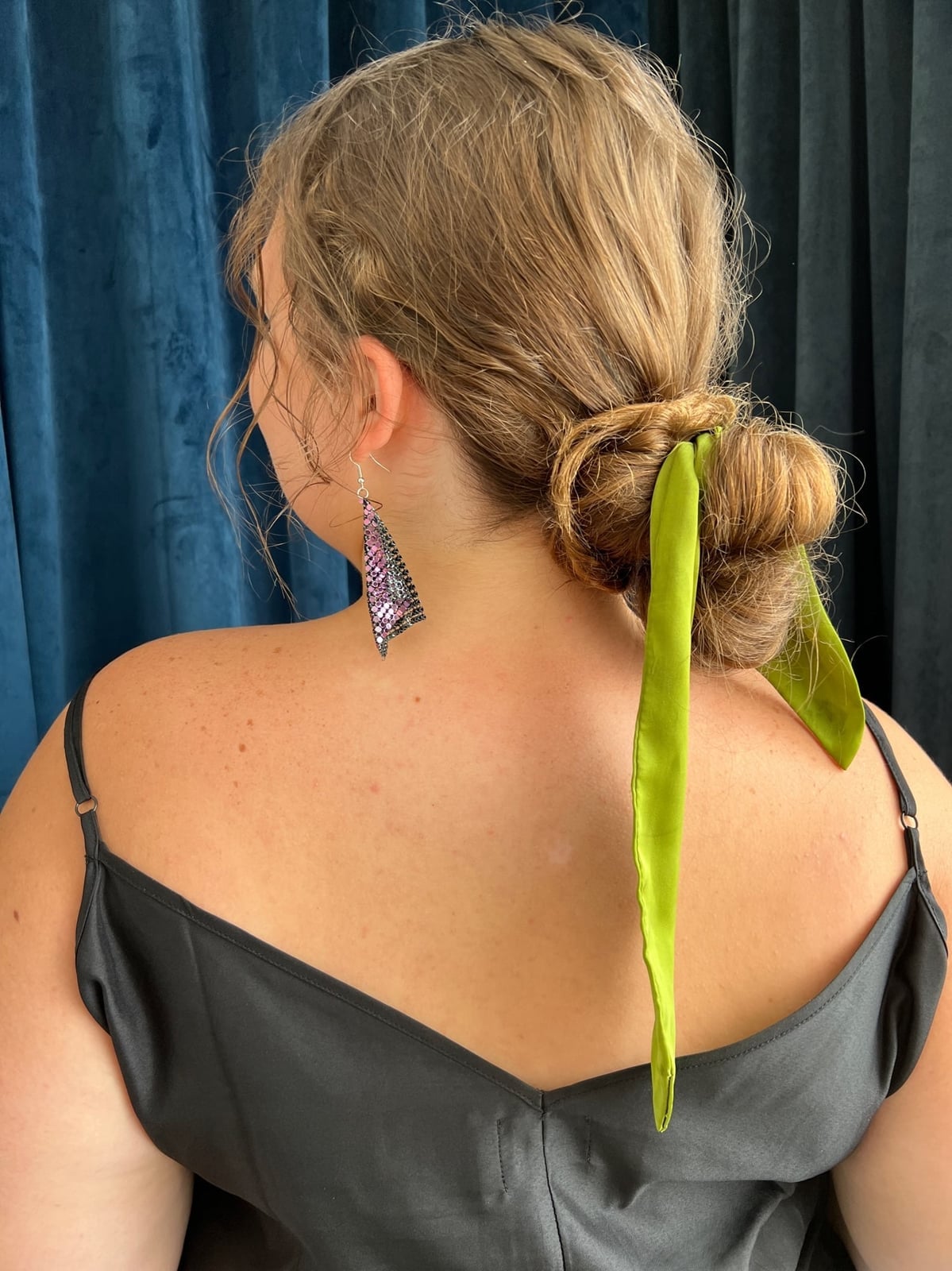 Mid-Back Messy Bun With Green Ribbon — Trendy Ribbon Hair