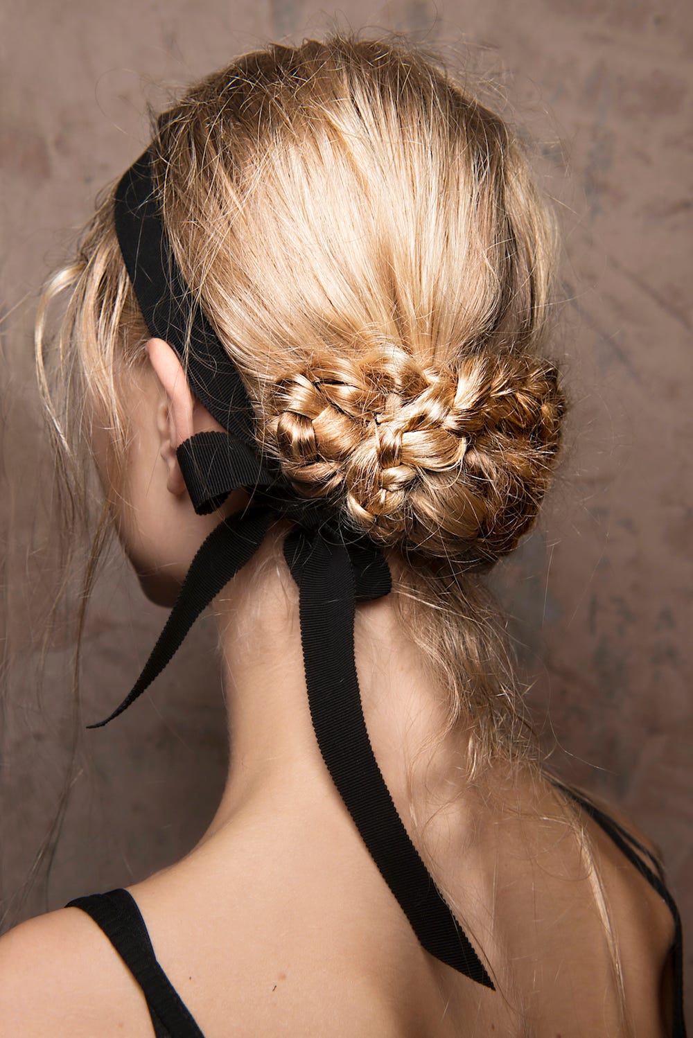 Braided Blonde Bun With Black Ribbon — Trendy Ribbon Hair