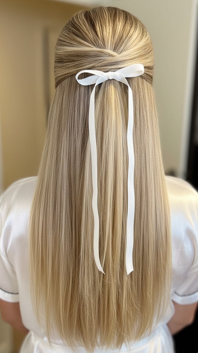Half-Up Blonde With White Ribbon Bow — Trendy Ribbon Hair