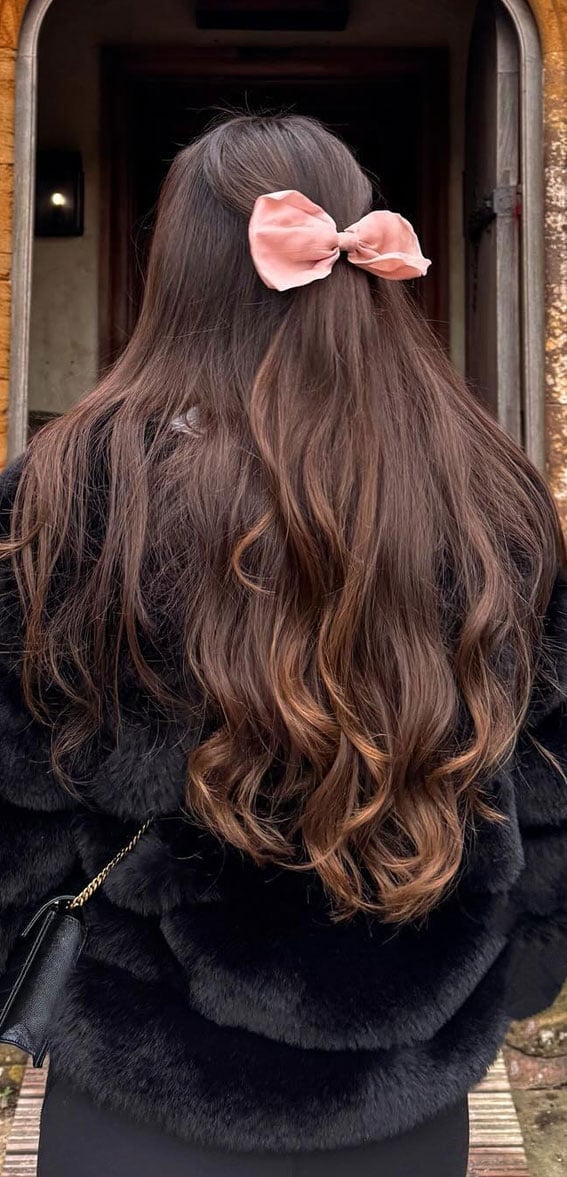 Wavy Brown Half-Up With Pink Bow — Trendy Ribbon Hair