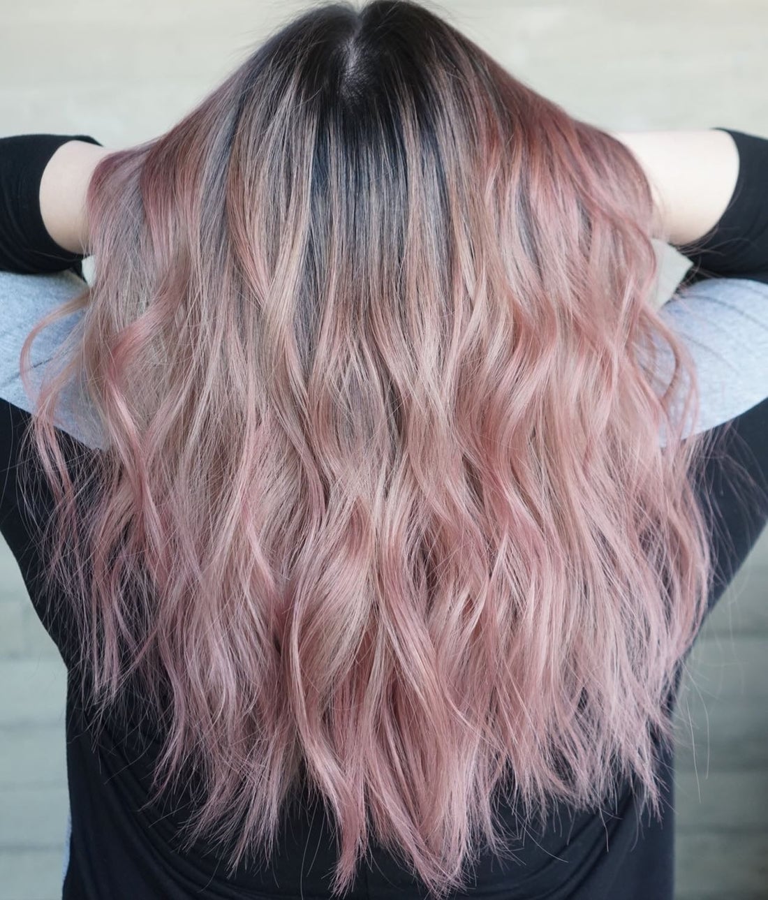 Mid-Back Rose Gold Balayage Blowout Mid-Back Rose Gold Balayage Blowout — Trendy Rose Gold Hair