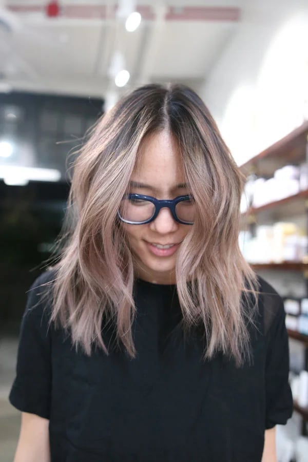 Collarbone Lob With Curtain Bangs, Wavy Collarbone Lob With Curtain Bangs, Wavy — Trendy Rose Gold Hair