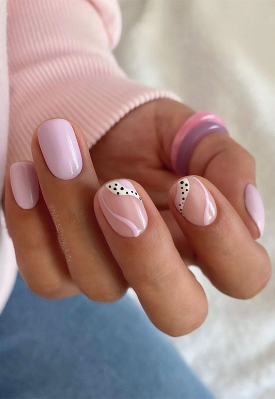 Pale Pink Swirl And Dot Short Round Nails Pale Pink Swirl And Dot Short Round Nails — Trendy Round Nails