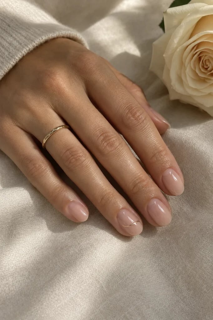 Sheer Nude With Gold Line Short Round Nails, Glossy Sheer Nude With Gold Line Short Round Nails, Glossy — Trendy Round Nails