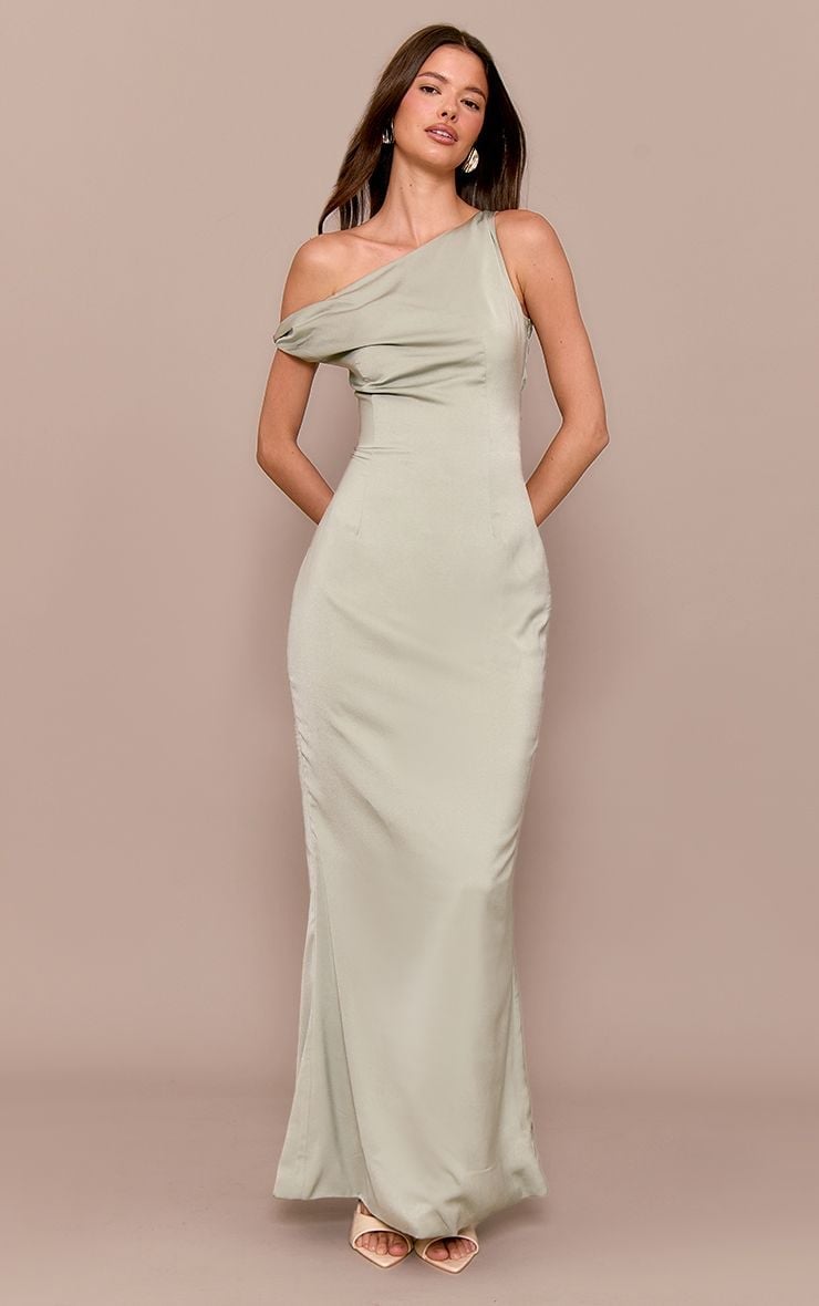 Sage Green One-Shoulder Satin Maxi Dress Sage Green One-Shoulder Satin Maxi Dress — Trendy Sage Green Dress