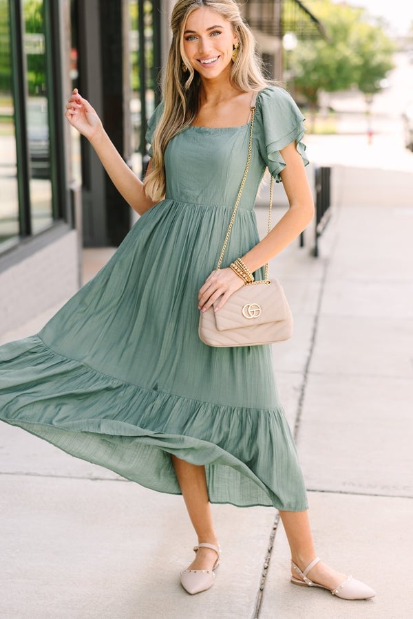 Deep Sage Green Tiered Midi Dress Deep Sage Green Tiered Midi Dress — Trendy Sage Green Dress