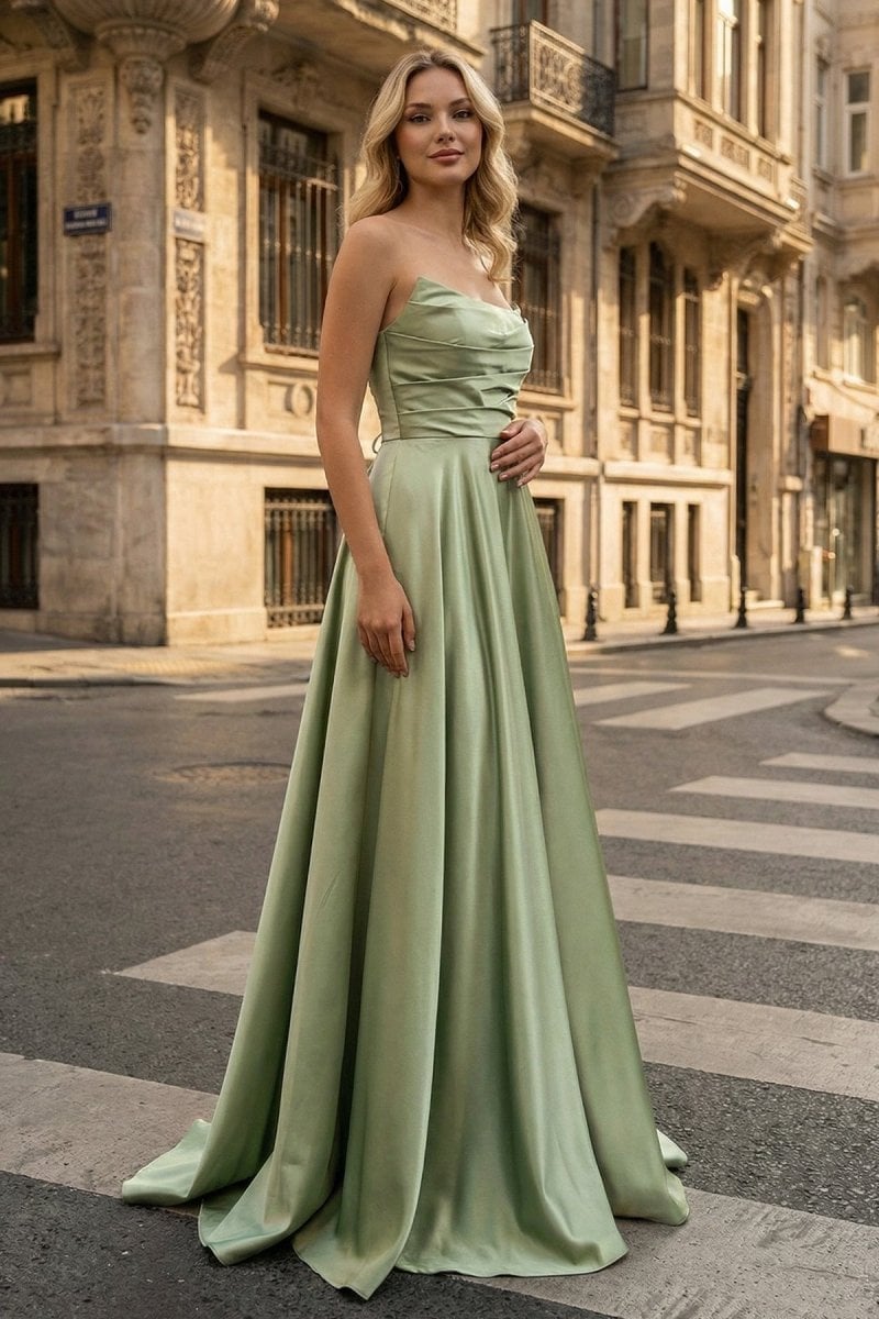 Sage Green Strapless Satin Gown Sage Green Strapless Satin Gown — Trendy Sage Green Dress