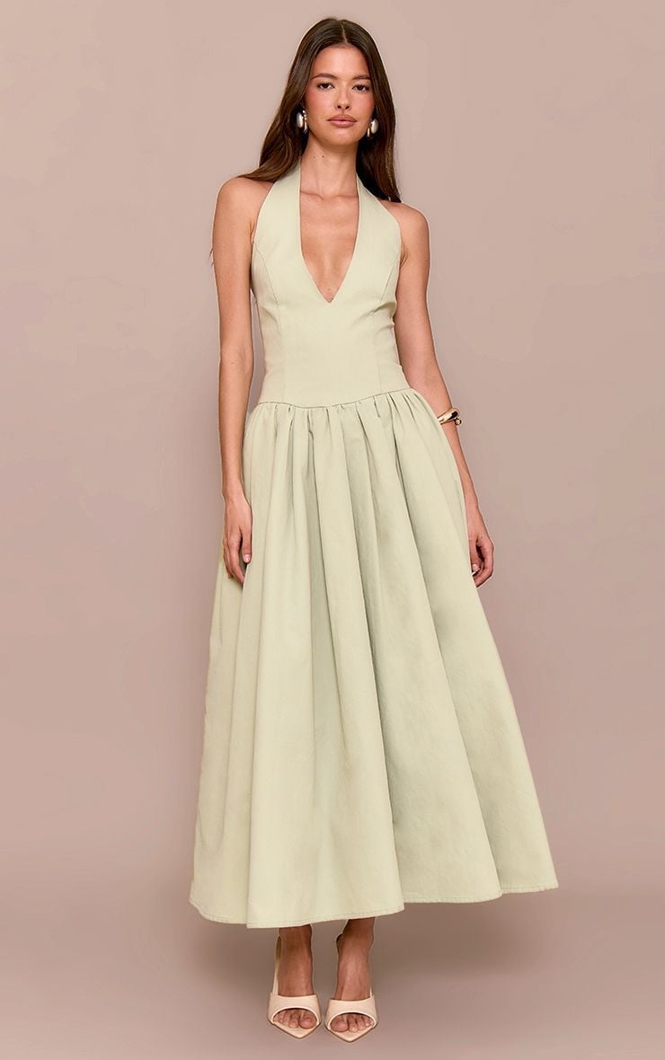 Pale Green Halter Neck Fit and Flare Dress Pale Green Halter Neck Fit and Flare Dress — Trendy Sage Green Dress