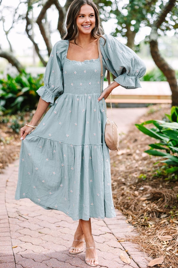 Sage Green Smocked Puff Sleeve Midi Dress Sage Green Smocked Puff Sleeve Midi Dress — Trendy Sage Green Dress