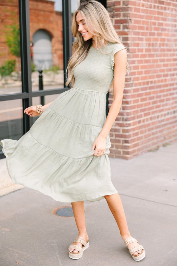 Pale Sage Green Smocked Tiered Midi Dress Pale Sage Green Smocked Tiered Midi Dress — Trendy Sage Green Dress