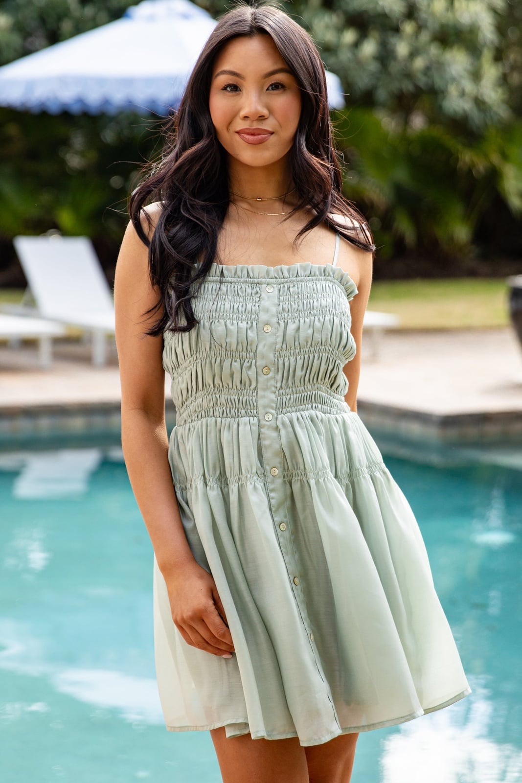 Sage Green Smocked Button-Front Mini Dress Sage Green Smocked Button-Front Mini Dress — Trendy Sage Green Dress