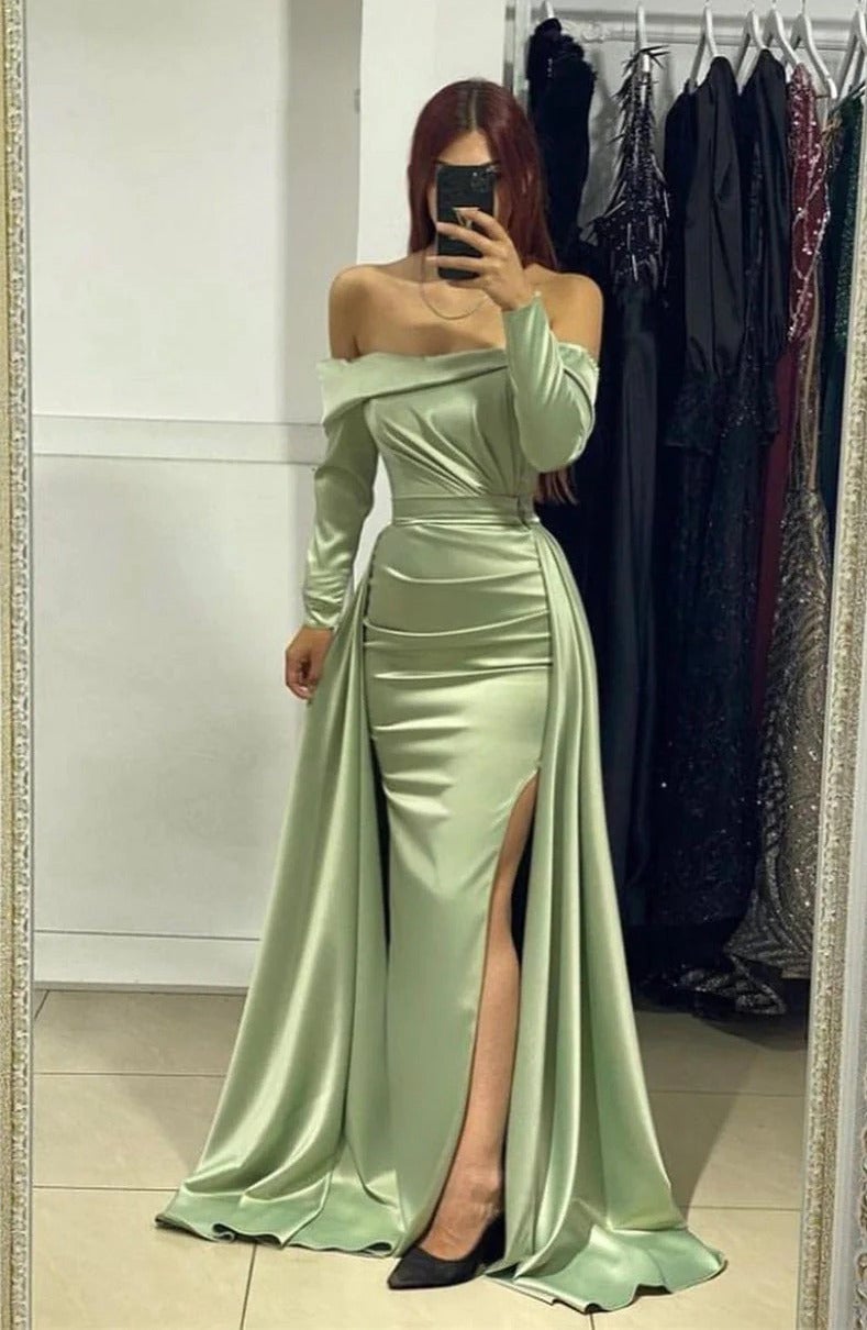 Sage Green Off-the-Shoulder Mermaid Dress Sage Green Off-the-Shoulder Mermaid Dress — Trendy Sage Green Dress