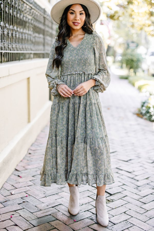 Dark Sage Green Floral Tiered Midi Dress Dark Sage Green Floral Tiered Midi Dress — Trendy Sage Green Dress