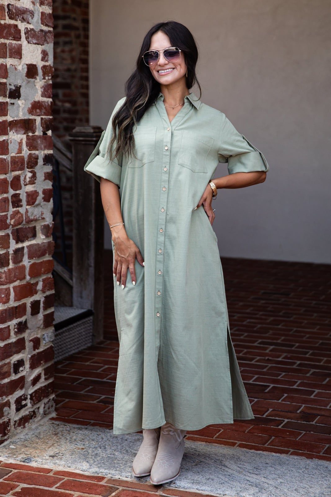 Sage Green Button-Up Maxi Shirt Dress Sage Green Button-Up Maxi Shirt Dress — Trendy Sage Green Dress