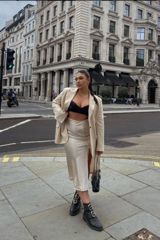 Champagne Satin Midi Skirt With Front Slit Champagne Satin Midi Skirt With Front Slit — Trendy Satin Skirt Outfits