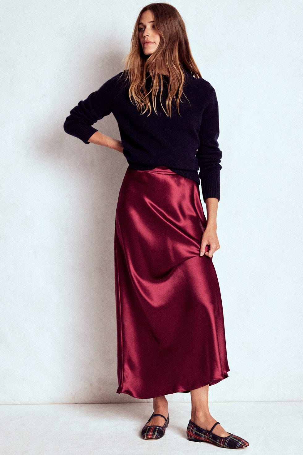 Deep Burgundy Satin Midi Skirt With Crewneck Sweater Deep Burgundy Satin Midi Skirt With Crewneck Sweater — Trendy Satin Skirt Outfits
