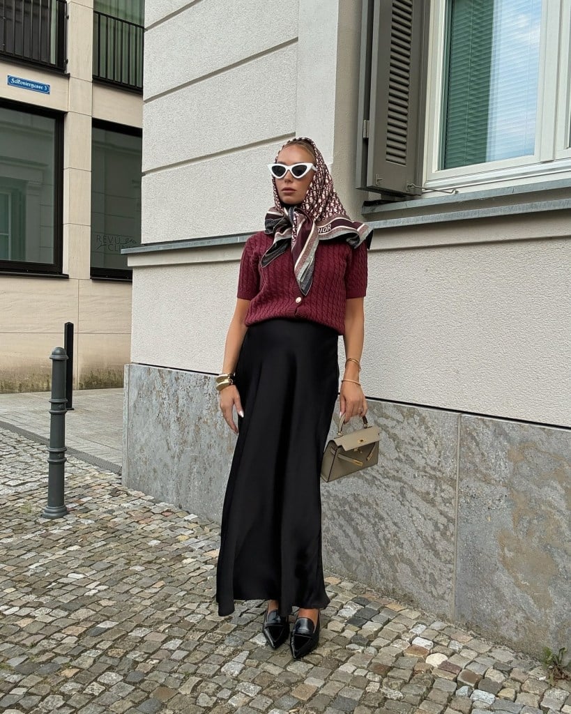 Black Satin Maxi Skirt With Knit Top and Headscarf Black Satin Maxi Skirt With Knit Top and Headscarf — Trendy Satin Skirt Outfits
